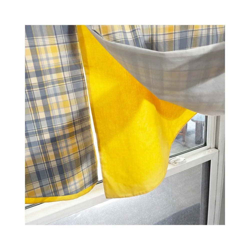 Country Heart‎ Valance Curtain Yellow Gray Plaid Kitchen Two Panels 30x25 Each